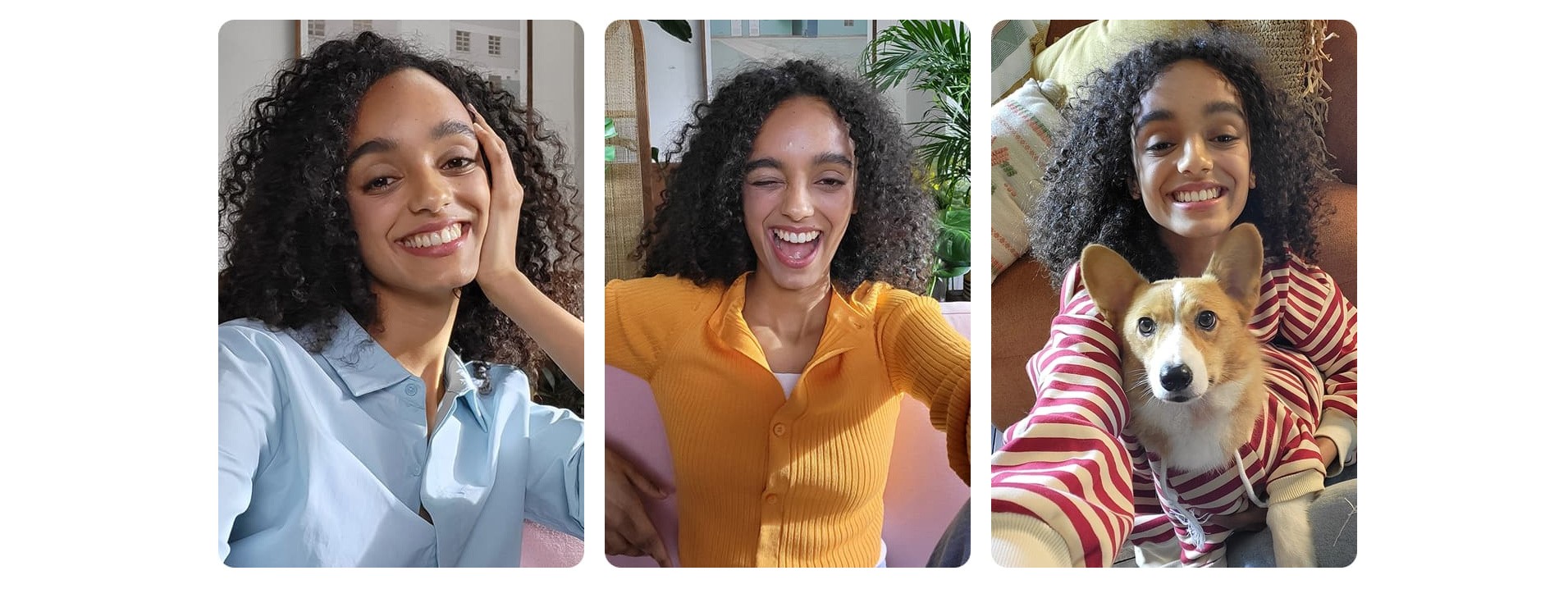 Three shots taken of a woman with Galaxy S21 FE 5G. One of her wearing a blue shirt holding the phone at a lower angle, one in a yellow shirt and she's winking and the third of her in a red and white striped hoodie with a dog in her lap wearing a matching hoodie. She's holding the phone at a high angle.